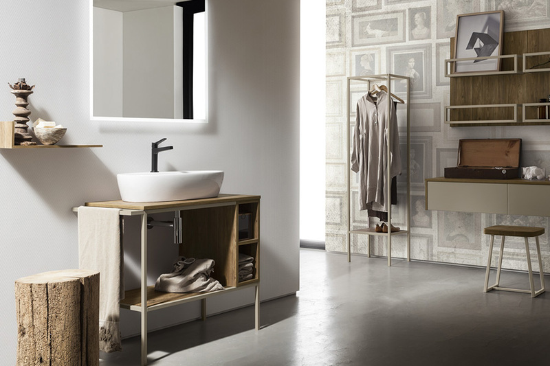 Composizione bagno Cerasa effetto legno, lavabo in ceramica, colonna appendiabiti, carta da parati Frame